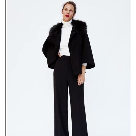 Zara Wool Blend Jacket Over Coat, Removable Fur Collar, Black, Wide Sleeve Sz M - Picture 1 of 13
